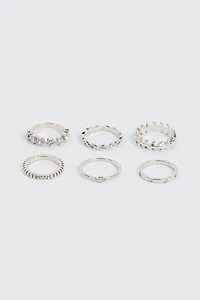 Ardene 6-Pack Assorted Stone Rings in Silver | Size
