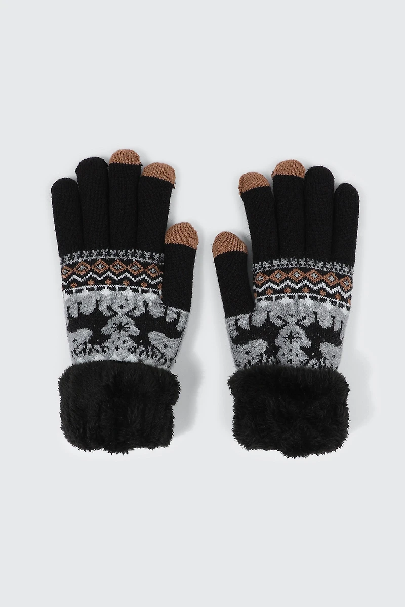 Ardene Reindeer Fair Isle Gloves in Black | Polyester/Elastane