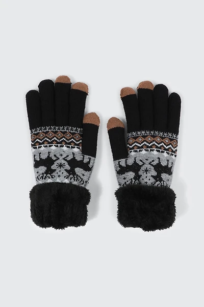 Ardene Reindeer Fair Isle Gloves in Black | Polyester/Elastane