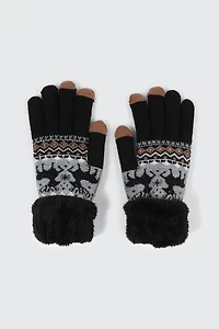 Ardene Reindeer Fair Isle Gloves in Black | Polyester/Elastane
