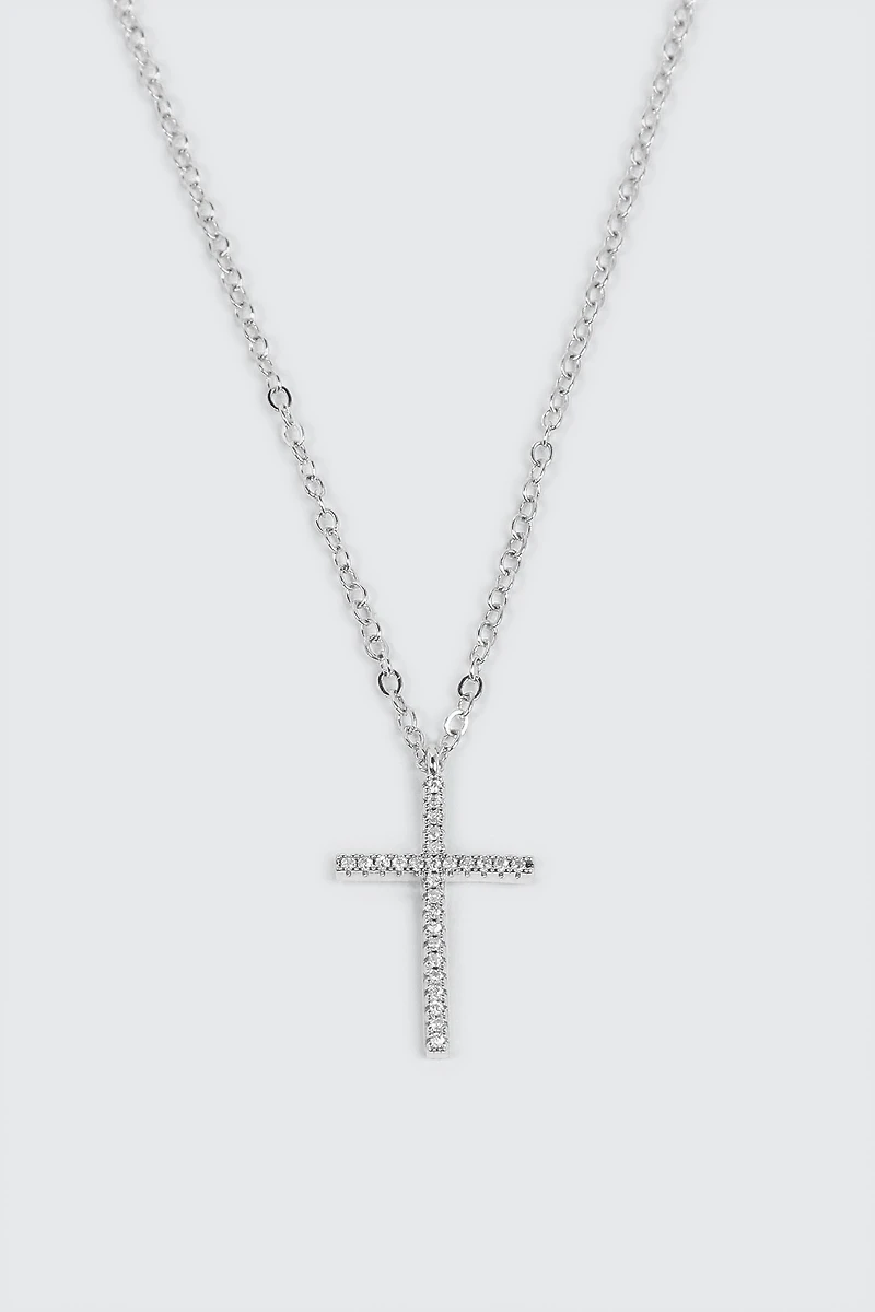 Collier croix plaqué or blanc 14K