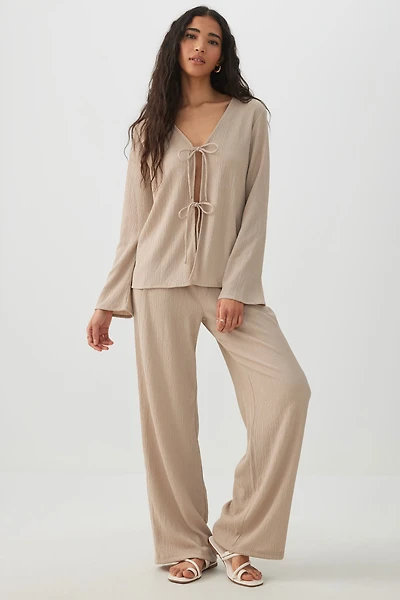 Ardene Seersucker Pleated Pull On Trouser in Beige | Size