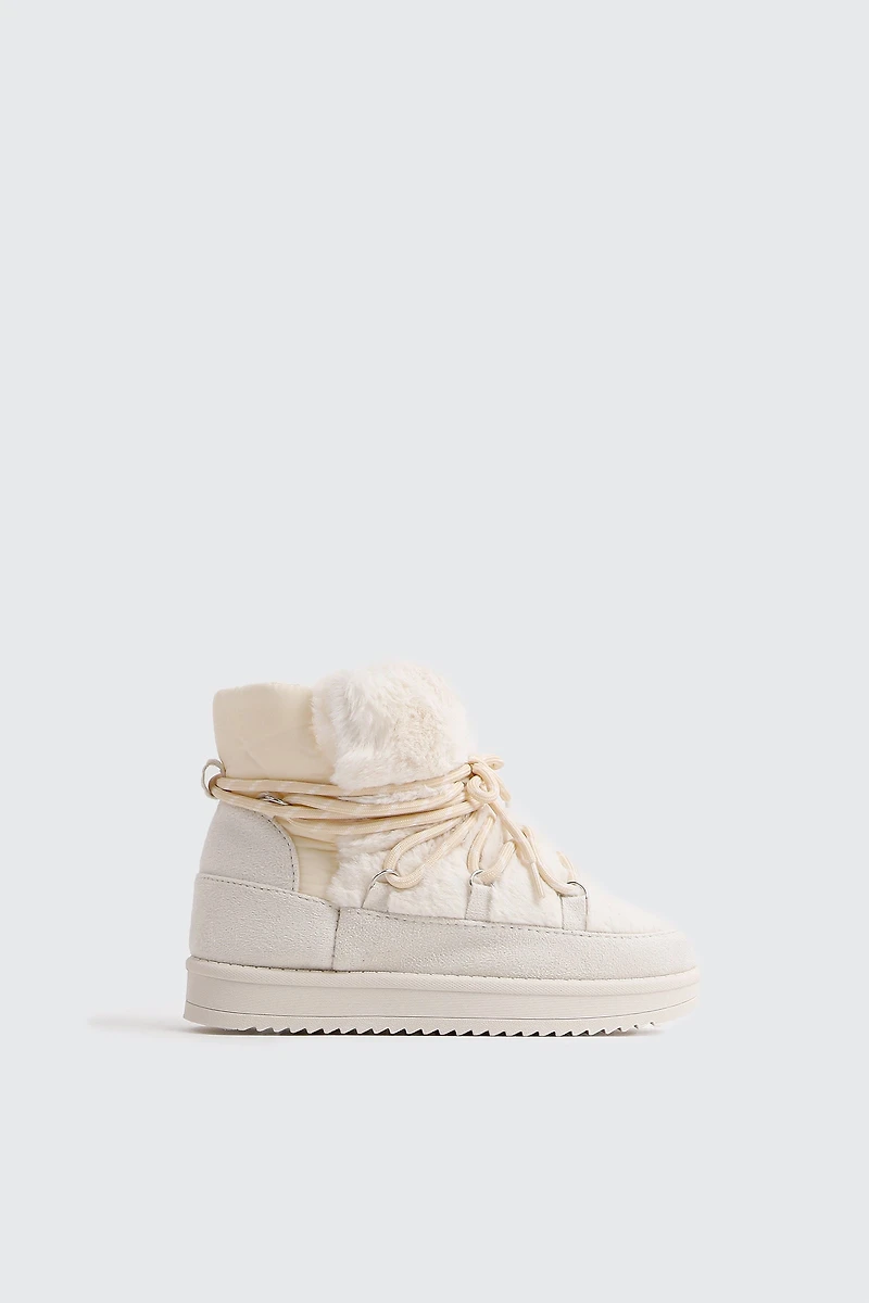 Ardene Kids Laced Faux Sheepskin Boots in Beige | Size | Faux Suede