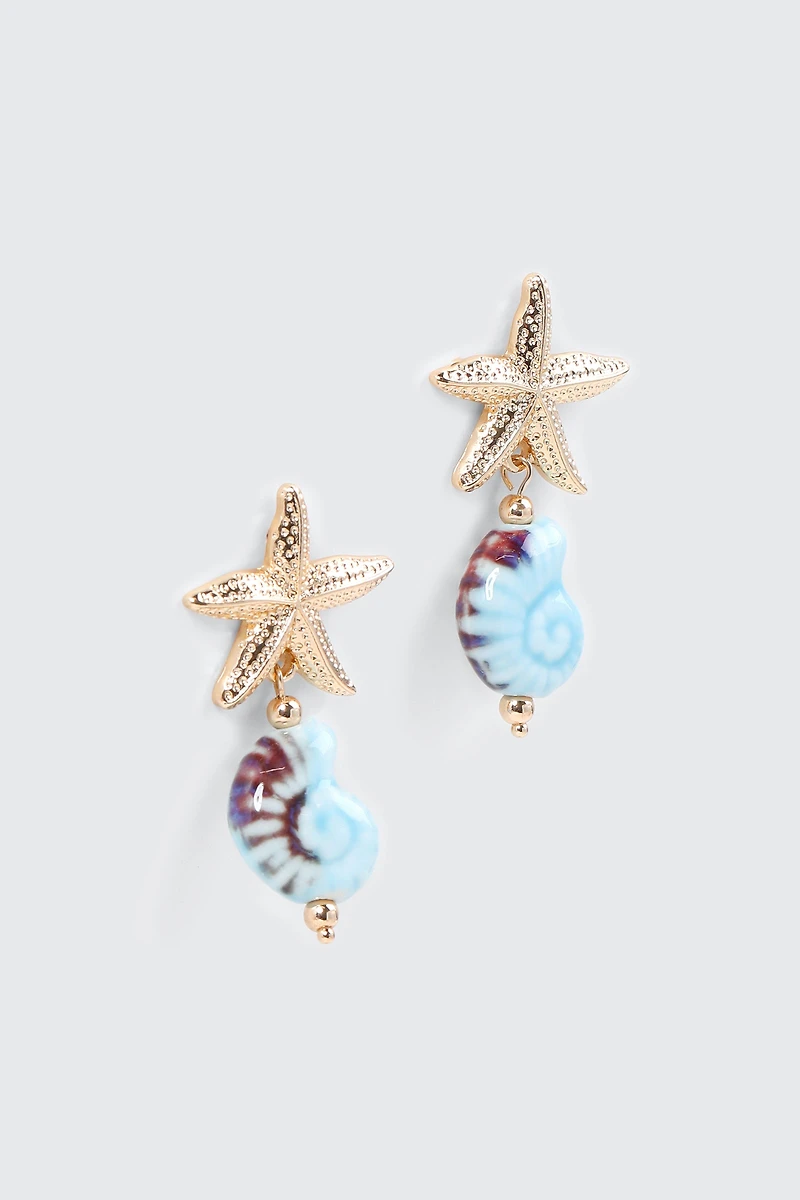 Ardene Starfish & Snail Shell Earrings in Gold | Stainless Steel