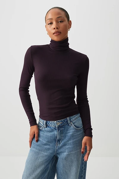 Ardene Super Soft Rib Turtleneck Top in Dark Purple | Size | Polyester/Elastane