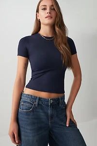 Ardene Contour Crew Neck Short Sleeve T-Shirt in Dark Blue | Size | Nylon/Elastane