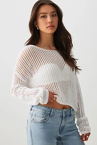 Ardene Boxy Open Stitch Sweater in White | Size Small | Polyester/Cotton