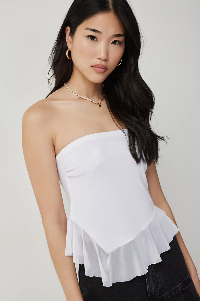 Ardene Asymmetrical Mesh Hem Tube Top in White | Size | Polyester/Elastane