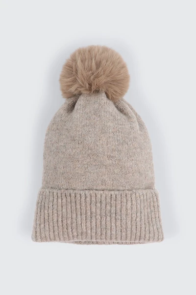 Ardene Soft Beanie with Pompom in Beige | Polyester