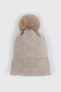 Ardene Soft Beanie with Pompom in Beige | Polyester