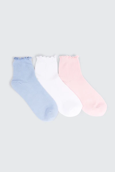 Ardene 3-Pack Lettuce Edge Demi Crew Socks in Light Pink | Polyester/Spandex