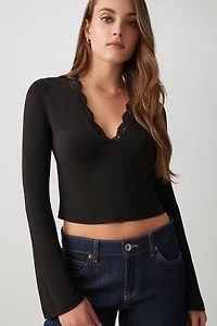 Ardene Lace Trim Bell Sleeve Top in Black | Size | Polyester/Elastane