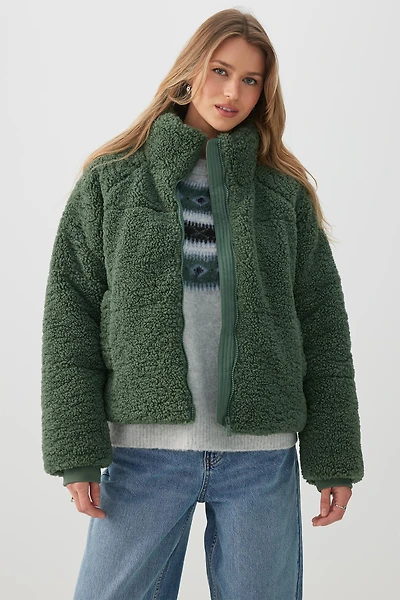 Ardene Sherpa Puffer Jacket in Medium Green | Size | Polyester