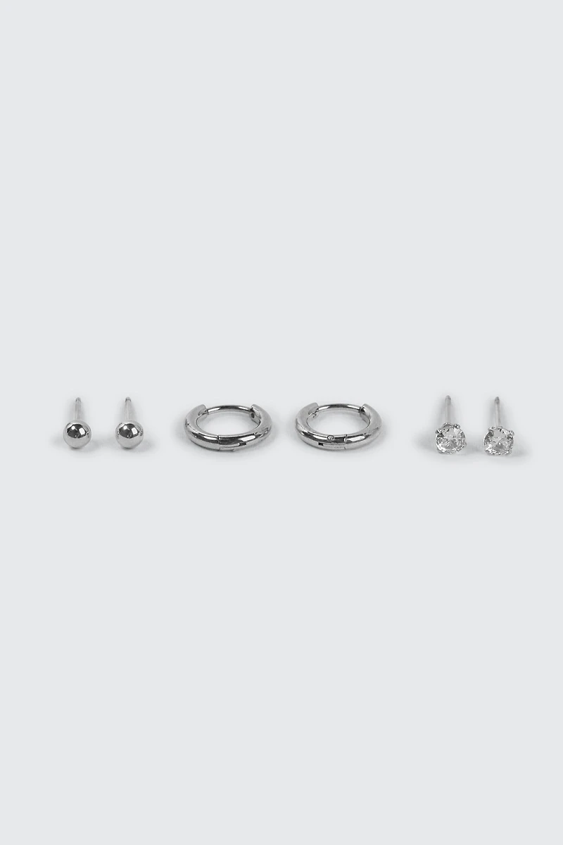 Ardene Man 3-Pack Stainless Steel Hoop & Stud Earrings For Men in Silver