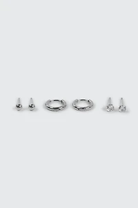 Ardene Man 3-Pack Stainless Steel Hoop & Stud Earrings For Men in Silver