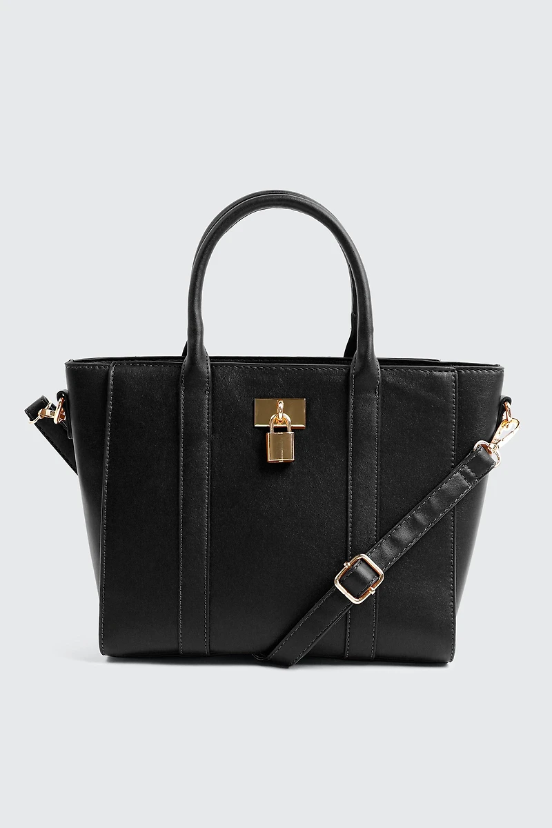 Ardene Faux Leather Tote Bag with Padlock Detail in Black | 100% Recycled Polyester/Faux Leather | Eco-Conscious