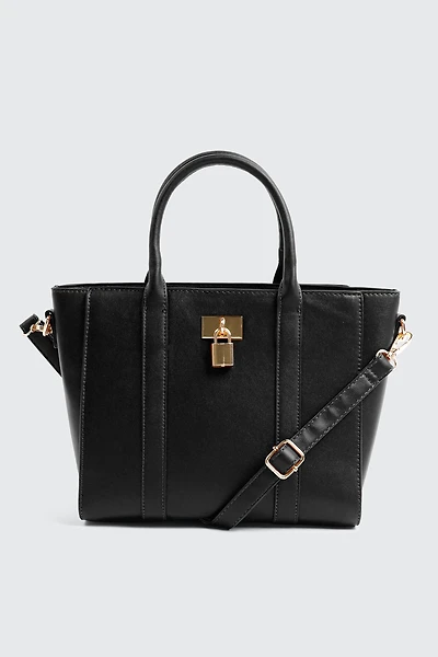 Ardene Faux Leather Tote Bag with Padlock Detail in Black | 100% Recycled Polyester/Faux Leather | Eco-Conscious