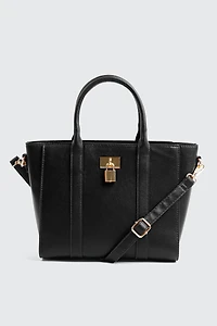 Ardene Faux Leather Tote Bag with Padlock Detail in Black | 100% Recycled Polyester/Faux Leather | Eco-Conscious