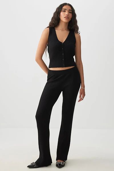 Ardene Rib Knit Flare Pants in Black | Size Small | Nylon/Viscose