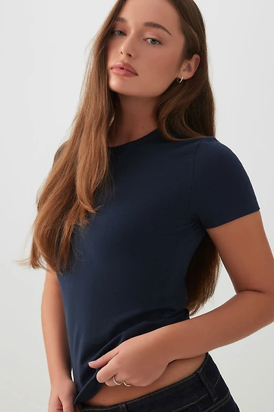Ardene Basic Fitted Short Sleeve T-Shirt in Dark Blue | Size 2XS | Cotton/Elastane | Eco-Conscious