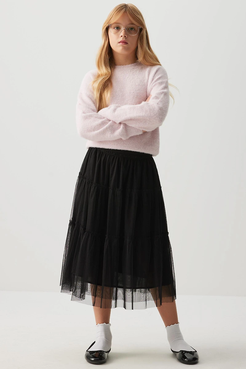 Ardene Kids Tiered Tulle Midi Skirt in Black | Size | 100% Cotton/Polyester