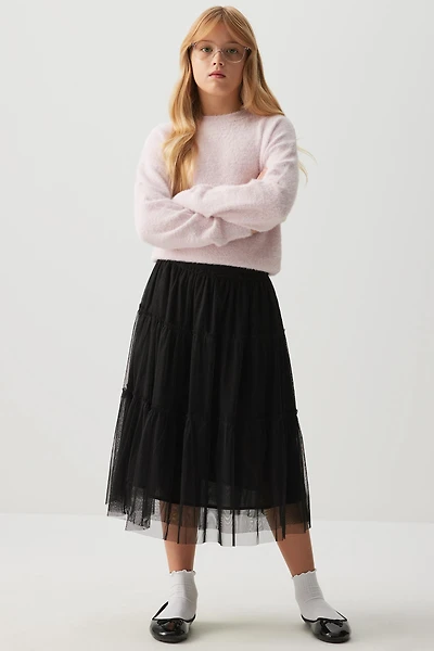 Ardene Kids Tiered Tulle Midi Skirt in Black | Size | 100% Cotton/Polyester