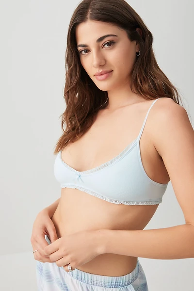 Ardene Everyday Lace Trim Seamless Rib Bralette in Light Blue | Size | Nylon/Elastane