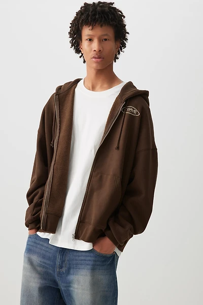 Ardene Man Radio Logo Zip Up Hoodie For Men in Brown | Size | Polyester/Cotton | Fleece-Lined