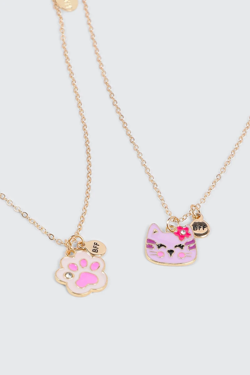 Ardene Kids 2-Pack Cat Face & Paw BFF Necklaces in Gold