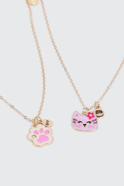 Ardene Kids 2-Pack Cat Face & Paw BFF Necklaces in Gold
