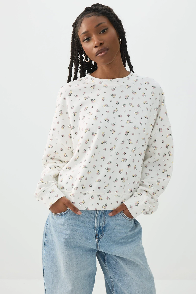 Chandail à col rond en jersey bouclette imprim