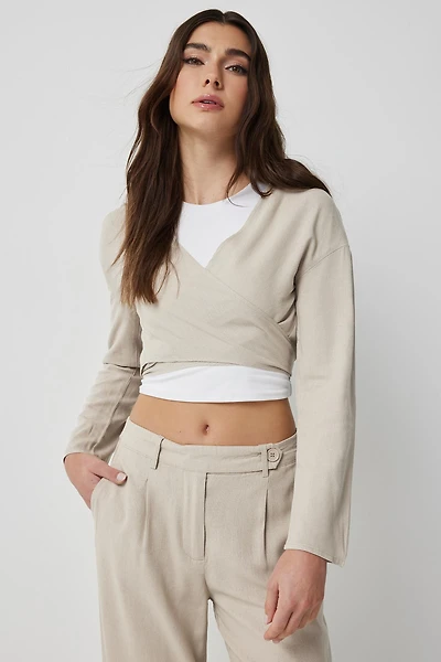 Ardene Linen Blend Knot Front Cardigan in Beige | Size Small | Viscose
