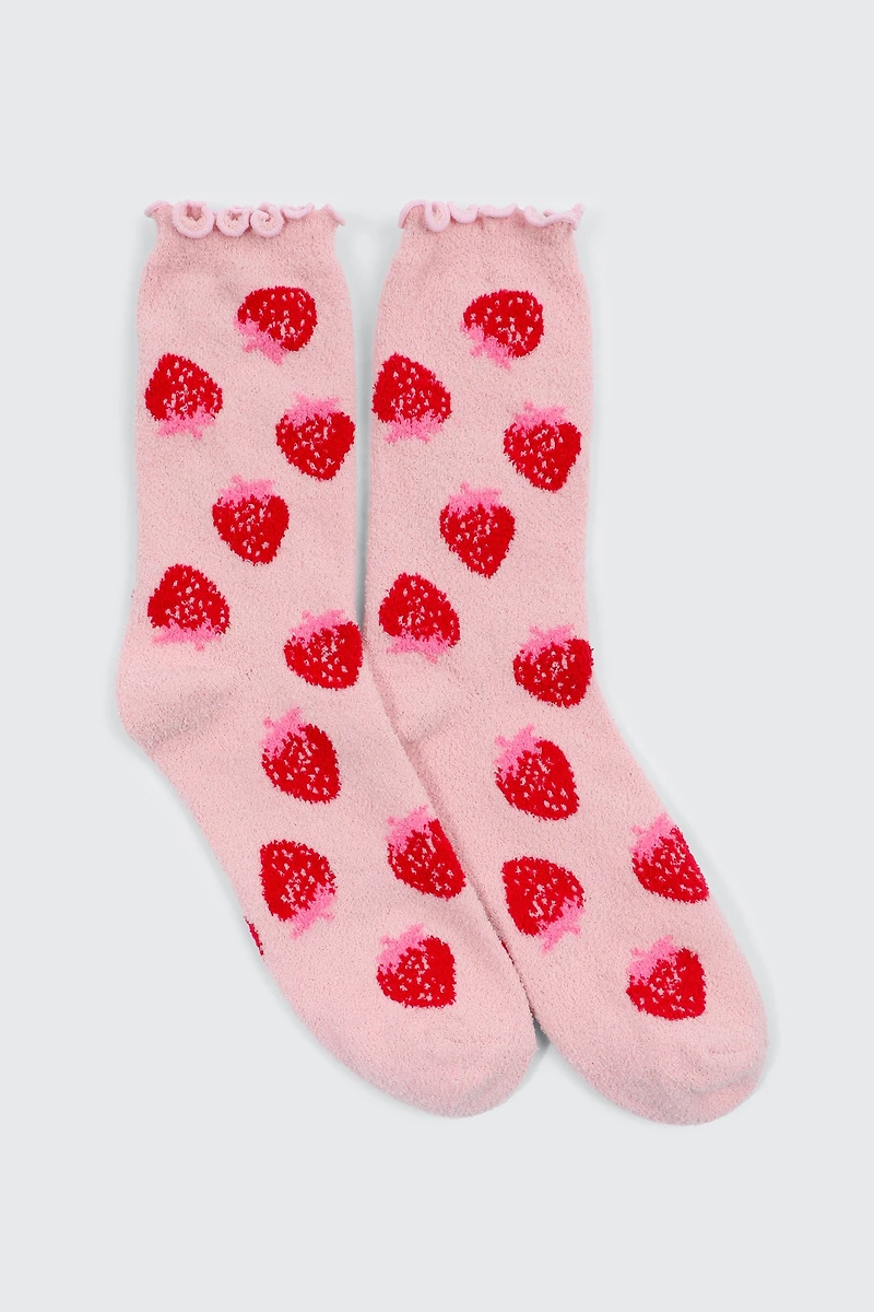 Ardene Strawberry Print Cozy Socks in Medium Pink | Size 28 | Polyester/Spandex