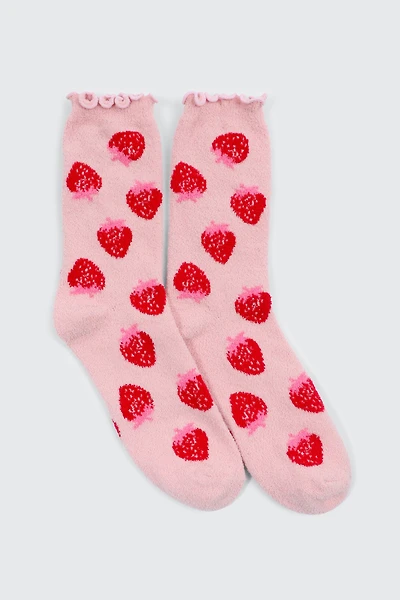 Ardene Strawberry Print Cozy Socks in Medium Pink | Size 28 | Polyester/Spandex