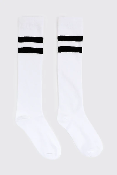 Ardene 2-Pack Striped Knee High Socks in White | Polyester/Spandex