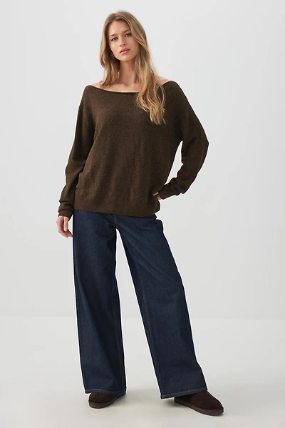 Ardene Oversized Off Shoulder Sweater in Brown | Size | Polyester/Nylon/Spandex