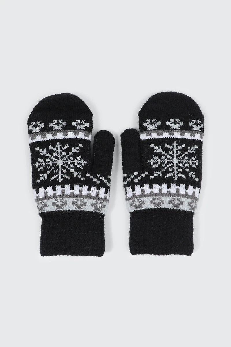 Ardene Sherpa Lined Knit Mittens in Black | Polyester/Spandex