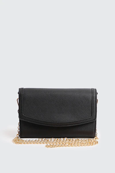 Ardene Evening Bag with Gold Toned Chain Strap in Black | Faux Leather/Polyester