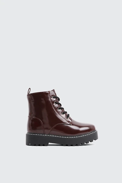 Ardene Kids Chunky Sole Combat Boots in Burgundy | Size | Faux Leather