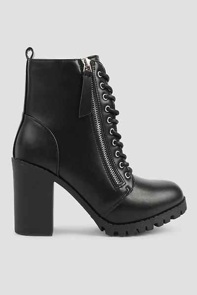 Ardene Lace Up Heeled Booties in Black | Size | Faux Leather | Eco-Conscious
