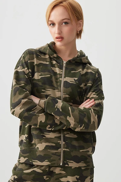 Ardene Oversized Camouflage Zip Up Hoodie in Khaki | Size | Polyester/Cotton | Fleece-Lined