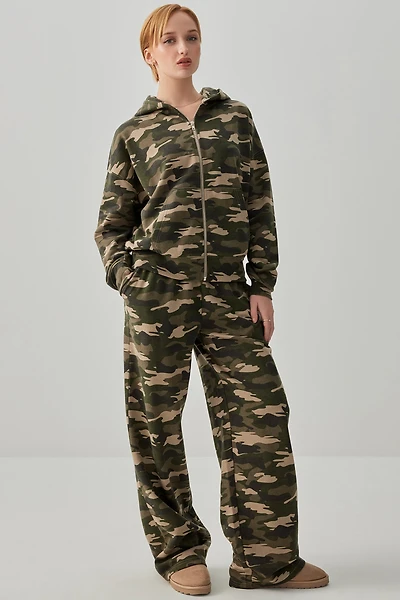 Ardene Camouflage Wide Leg Sweatpants in Khaki | Size | Polyester/Cotton | Fleece-Lined