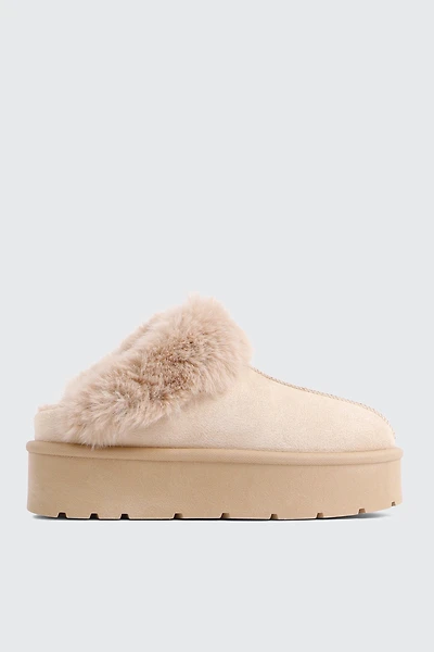 Ardene Faux Sheepskin Clogs with Faux Fur Trim in Beige | Size | Faux Suede | Eco-Conscious