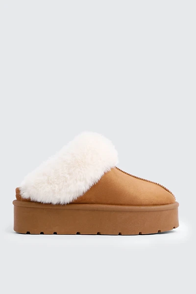 Ardene Faux Sheepskin Clogs with Faux Fur Trim in Cognac | Size | Faux Suede | Eco-Conscious
