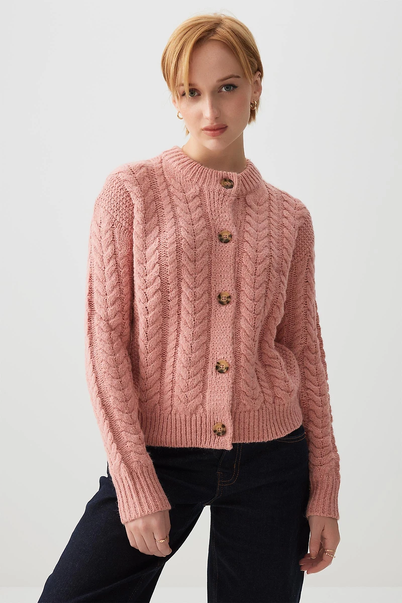 Ardene Chunky Cable Knit Cardigan in Medium Pink | Size | Polyester/Nylon