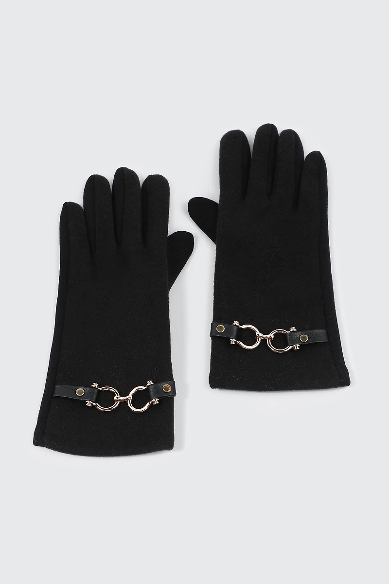 Ardene Gloves with Metal Buckle Detail in Black | Polyester