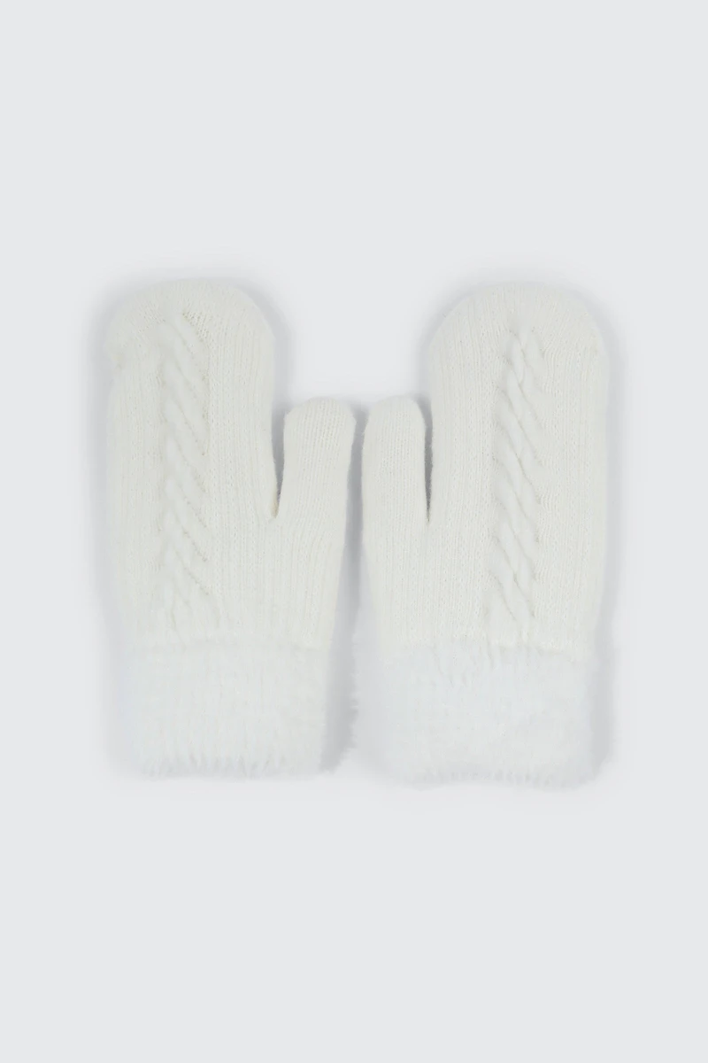 Ardene Faux Fur Lined Knit Mittens in Off-White | 100% Acrylic