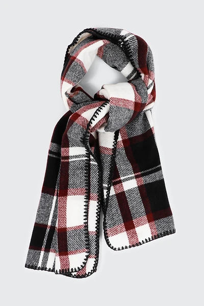 Ardene Plaid Blanket Stitch Scarf in Burgundy | Polyester