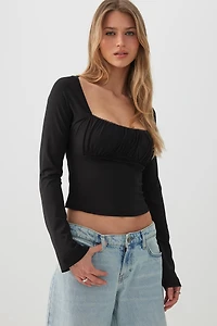 Ardene Ruched Bust Long Sleeve Top in Black | Size | Polyester/Elastane
