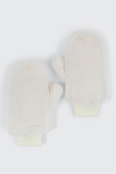 Ardene Faux Fur Mittens in Off-White | Polyester